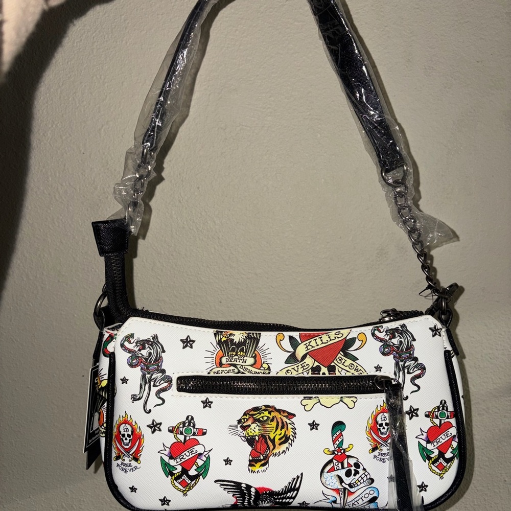 Ed Hardy White Shoulder Bag with Tattoo Graphics - Picture 2 of 7
